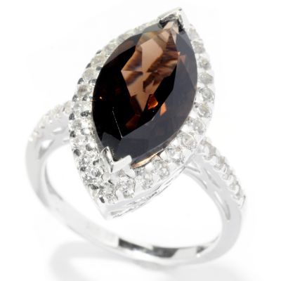 SS MARQUISE SHAPED SMOKY QUARTZ RING W/ WHITE TOPAZ ACCENTS
