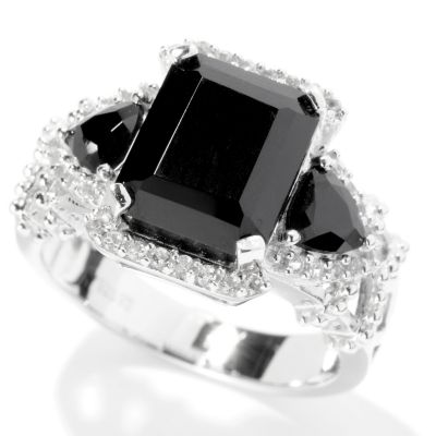SS BLACK SPINEL 3 STONE RING W/ WHITE TOPAZ