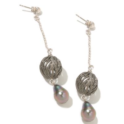 SS 9-10mm SEMI BAROQUE TAHITIAN & SANDBLAST BEAD EARRINGS