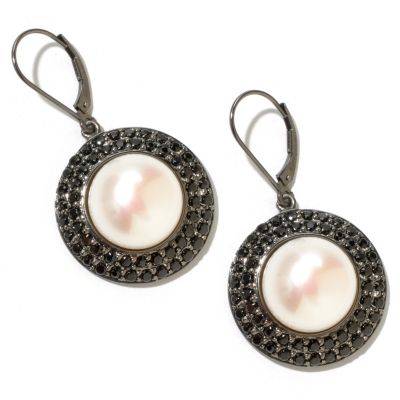 127-962 - Sterling Silver 14-15mm White Freshwater Cultured Pearl & Spinel Earrings
