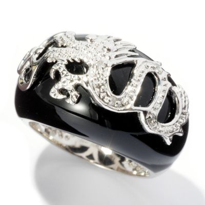 127-972 - Sterling Silver Black Onyx & Diamond Chinese Dragon Ring 