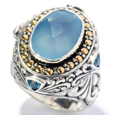 SS/18K FACETED OVAL CHALCEDONY AND BLUE TOPAZ RING