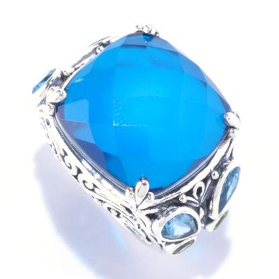 128-066 - Artisan Silver by Samuel B. London Blue Topaz Quartz Doublet & Multi Gem Ring 