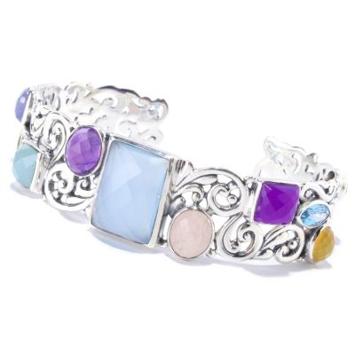 128-088 - Artisan Silver by Samuel B. 7.25'' 18 x 13mm Blue Chalcedony & Multi Gem Cuff Bracelet 