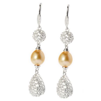 SS 8-9mm OVAL GOLDEN SOUTH SEA & WHITE TOPAZ TEARDROP EARRINGS