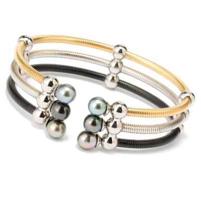 128-125 - Stainless Steel 7.25'' 7-8mm Tahitian Cultured Pearl Triple Row Cuff Bracelet