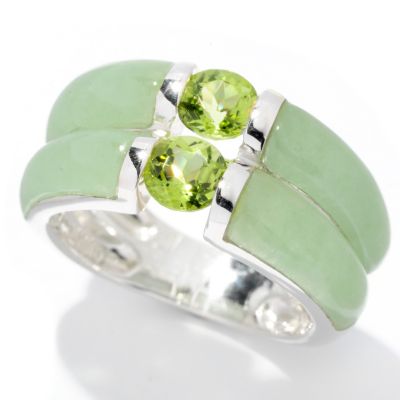 SS GREEN JADE & PERIDOT DOUBLE ROW RING