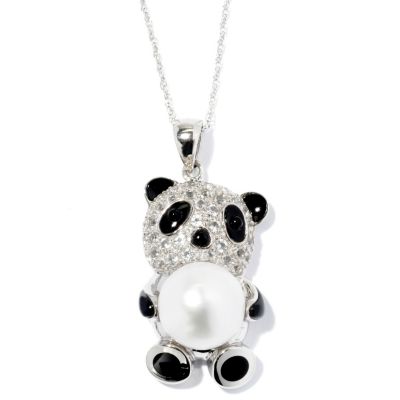 SS 13mm BUTTON FWP, WHITE TOPAZ & ONYX PANDA PENDANT w/CHAIN