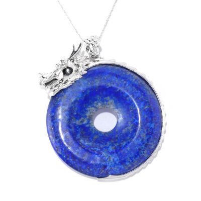 128-169 - Sterling Silver 55mm Donut Shaped Lapis Lazuli Dragon Pendant w/ Chain