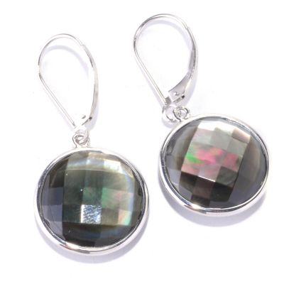 128-170 - Sterling Silver 16mm Round Faceted Black Mother-of-Pearl Earrings 