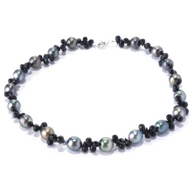 SS 17.5" 10mm CIRCLE TAHITIAN & FACETED BLACK SPINEL NECKLACE