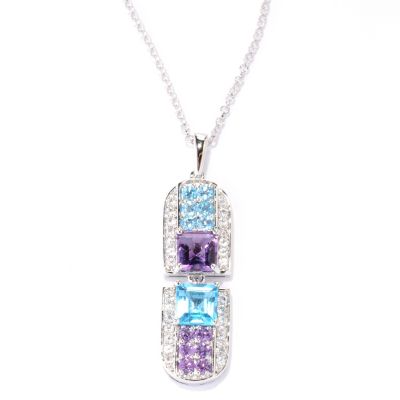 SS/PLAT PEND AMETHYST, BLUE TOPAZ & WHT SAPH w/ 20" CHAIN