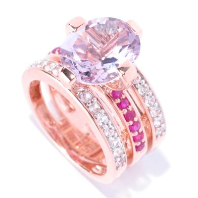 SS/18K ROSE VERMEIL RING PINK AMETHYST w/ RUBY & WHT SAPH