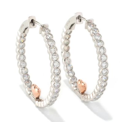 SB SS/TWO-TONE ROUND CUT SEMI-BEZEL HEART HOOP EARRINGS