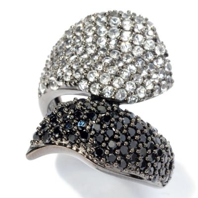128-220 - Gem Treasures Sterling Silver 2.89ctw White Topaz & Black Spinel Wide Bypass Ring