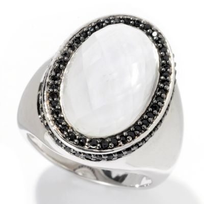 SS OVAL WHITE QUARTZ & BLACK SPINEL RING