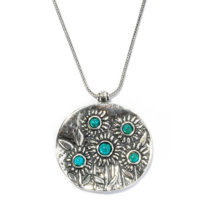 SS TURQUOISE FIELD OF SUNFLOWERS PENDANT W/18" + 2" EXT CHAIN