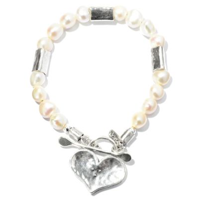 128-251 - Passage to Israel Sterling Silver Cultured Freshwater Pearl Heart Bracelet