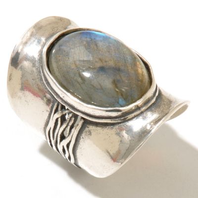 SS LABRADORITE WIDE BAND W/TEXTURE RING