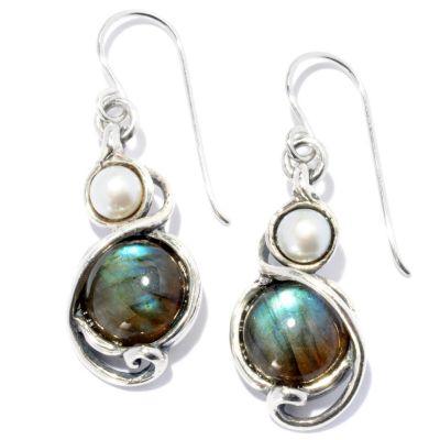 SS LABRADORITE AND PEARL DANGLE EARRINGS