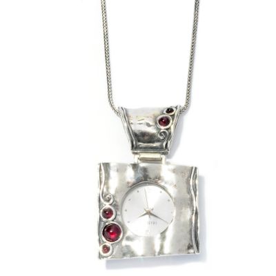 128-257 - Passage to Israel Sterling Silver Garnet Accented Watch Pendant w/ 24'' Chain