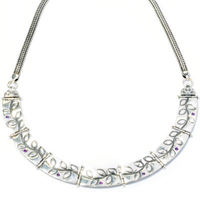 SS 16" + 2" EXT AMETHYST LEAF DESIGN LINK COLLAR NECKLACE