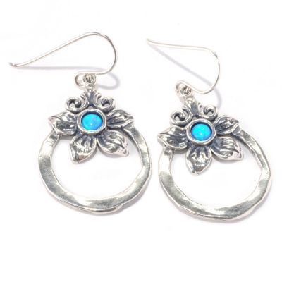 SS FLOWER CREATED OPAL HOOP DANGLE EARRINGS