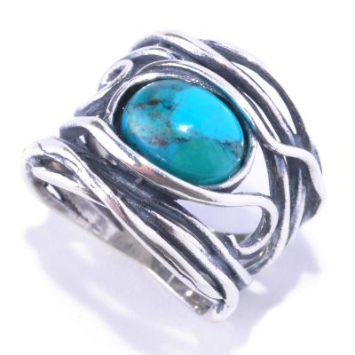128-265 - Passage to Israel Sterling Silver 10 x 8mm Turquoise Hammered Ring 