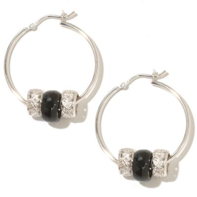 SS HOOP WITH 3 CHARMS BLK AGATE AND 2 DIAMOND