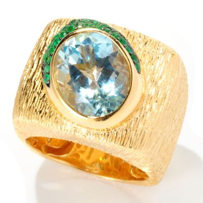 SS/P RING SKY BLUE TOPAZ & EMERALD SQUARED CIGAR BAND