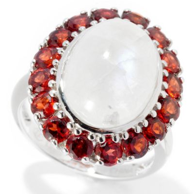 SS OVAL RAINBOW MOONSTONE WITH GARNET RING