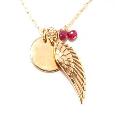 MARIECHAVEZ 18" + 2" EXT ANGEL WING AND DISC PENDANT W/RUBY DROPS