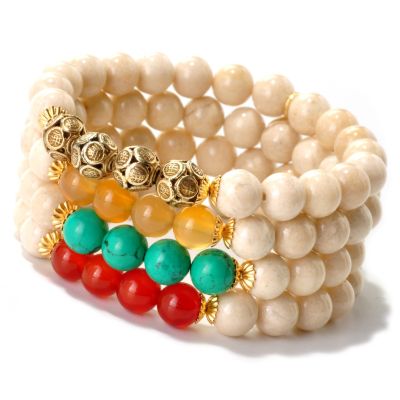 128-349 - mariechavez Set of Four 6.5'' River Stone & Multi Gemstone Beaded Bracelets 