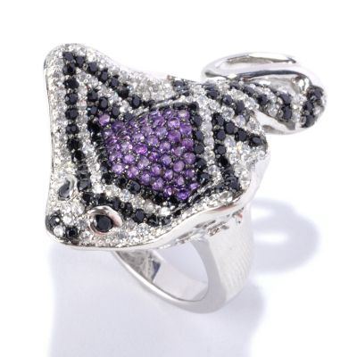128-355 - Gem Treasures Sterling Silver 3.12ctw Black Spinel, White Zircon & Amethyst Stingray Ring
