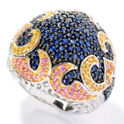128-360 - Gem Treasures Sterling Silver 4.76ctw Multi Color Sapphire & Diamond Dome Ring