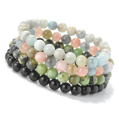128-385 - Gem Treasures Set of Four 7.25'' Exotic Gemstone Bead Stretch Bracelets