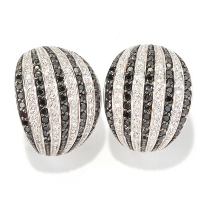 SB SS/PLAT ROUND CUT BLACK AND WHITE STRIPE EARRINGS WITH OMEGA BACKS
