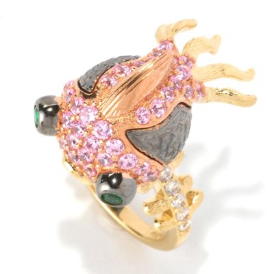 NB SS/TRI-COLOR TEXTURED PINK BLOW FISH RING WITH GREEN EYES