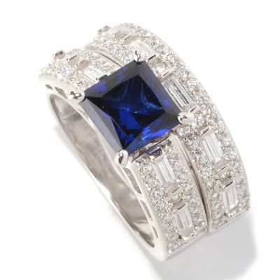 BRIL SS/PLAT BLUE SAPPHIRE PRINCESS, BAGUETTE & ROUND RING SET