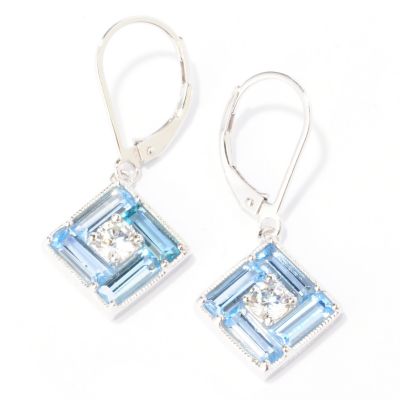 BLTA SS/PLAT ROUND & BAGUETTE SQUARE SHAPED SIMULATED BLUE DIAMOND DROP EARRINGS