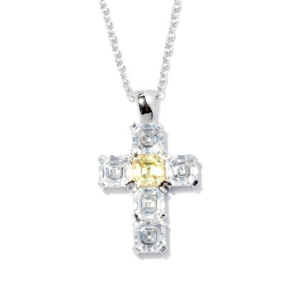 BLTA SS/PLAT WHITE AND CANARY ASSCHER CUT CROSS PENDANT W/ 18" CHAIN