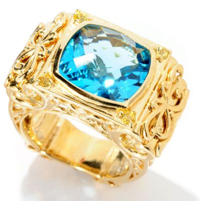 SS/YV SWISS BLUE TOPAZ CUSHION STONE RING W/ RUBY ACCENTS