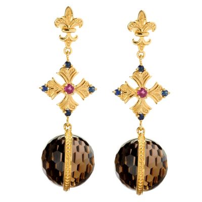 128-458 - Dallas Prince Designs 16mm Smoky Quartz Bead, Sapphire & Rhodolite Earrings