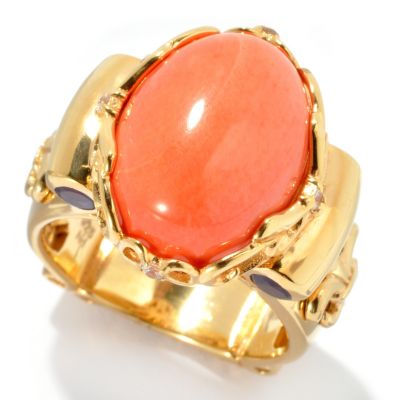 SS/RV SALMON CORAL OVAL RING W/ AMETHYST & WHITE SAPPHIRE