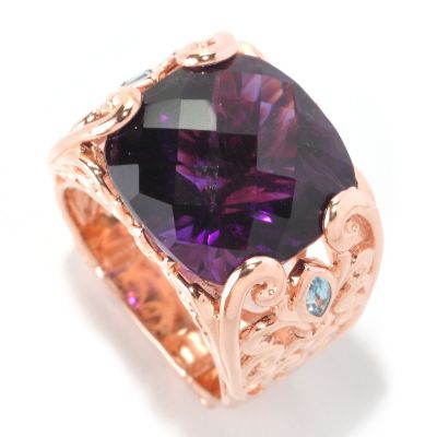SS/RV AFRICAN AMETHYST CUSHION CUT RING W/ SWISS BLUE TOPAZ