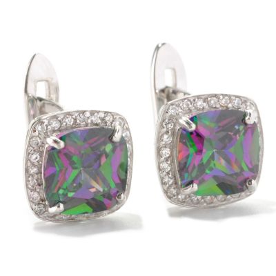 BLTA SS/PLAT SIMULATED MYSTIC TOPAZ CUSHION CUT HALO EARRINGS