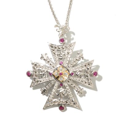 128-480 - Dallas Prince Designs 1.00ctw Rhodolite & Multi Gemstone Maltese Cross Pin-Pendant w/ Chain