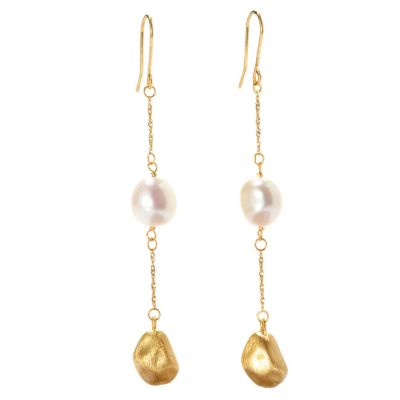 18K SINGAPORE W/PEARL AND NUGGET STATION EARRINGS