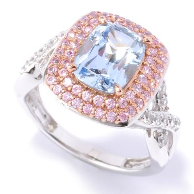 D2R SS/TWO-TONE BLUE AND PINK ELONGATED CUSHION CUT DOUBLE HALO RING