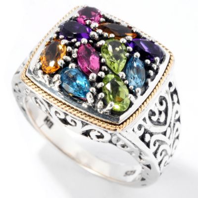 SS/18K MULTI GEMSTONE SQUARE CENTER RING